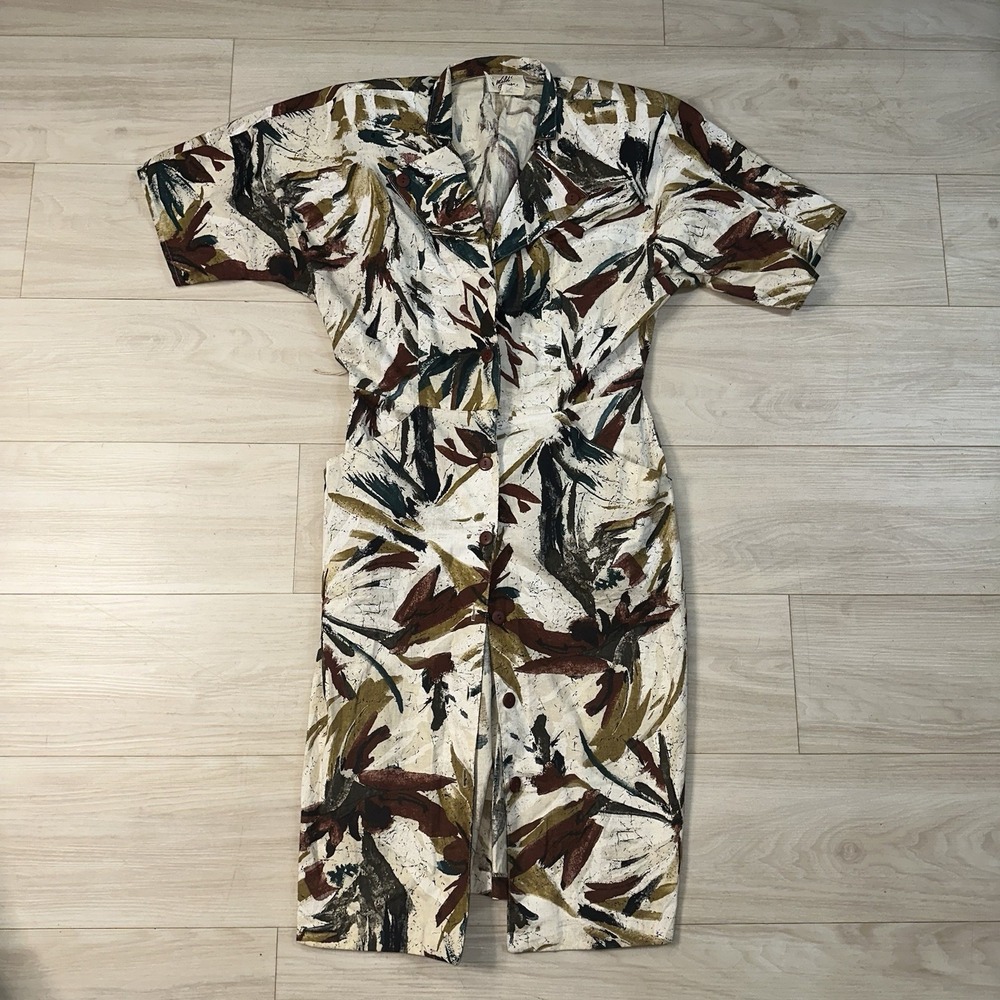 Vintage 80s‎ Does 50s Dress Womens 13/14 Artsy All Over Print Wild Dress Midi
